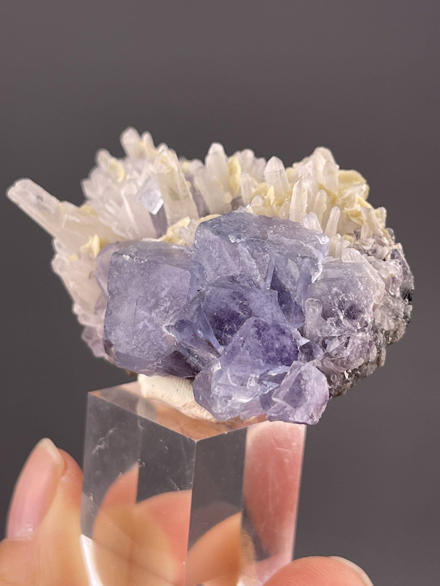 Angled view of Yaogangxian fluorite cluster highlighting phantoms