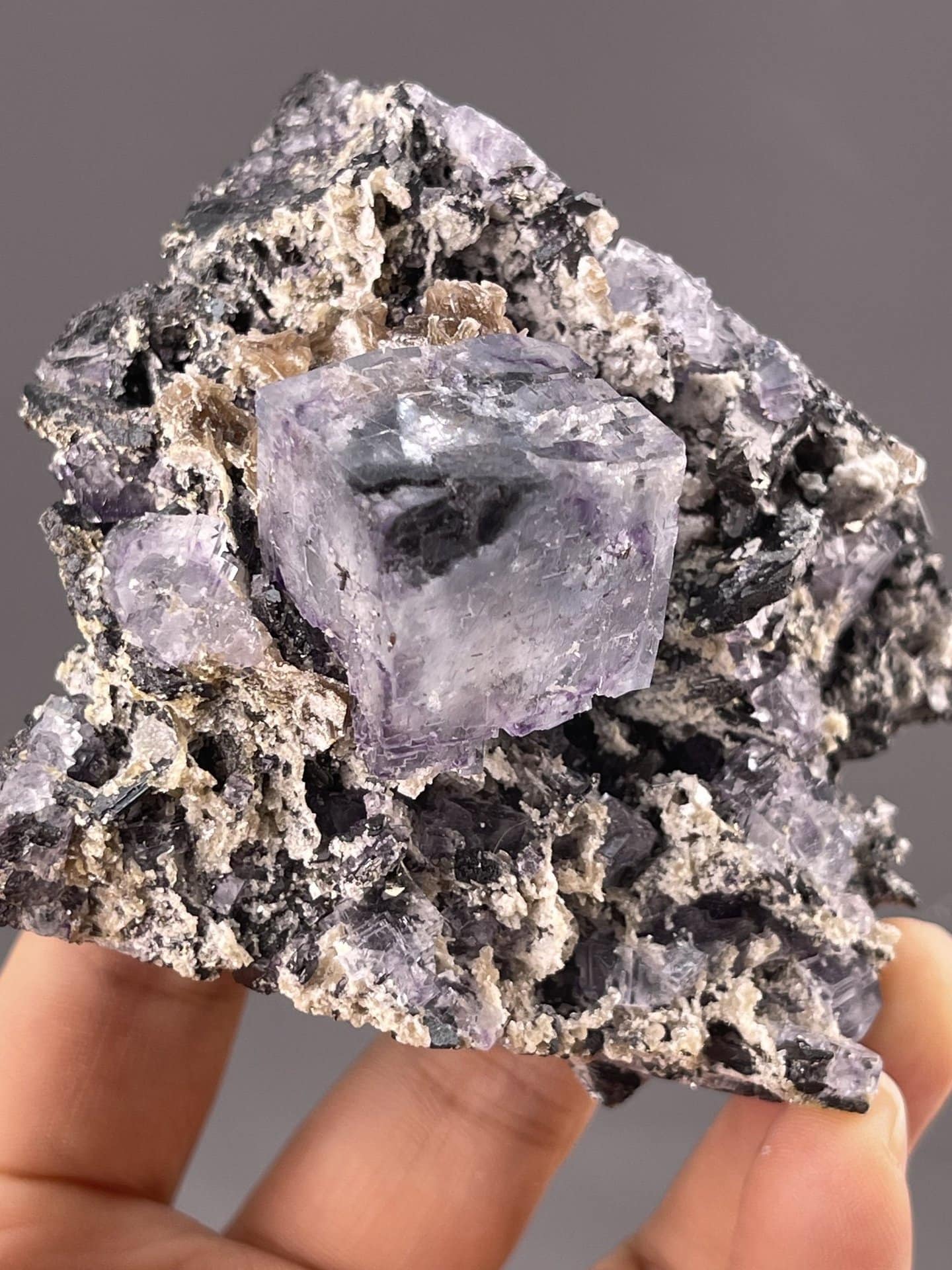 Purple Fluorite Crystals with Phantom Zones from Yaogangxian – scale reference view