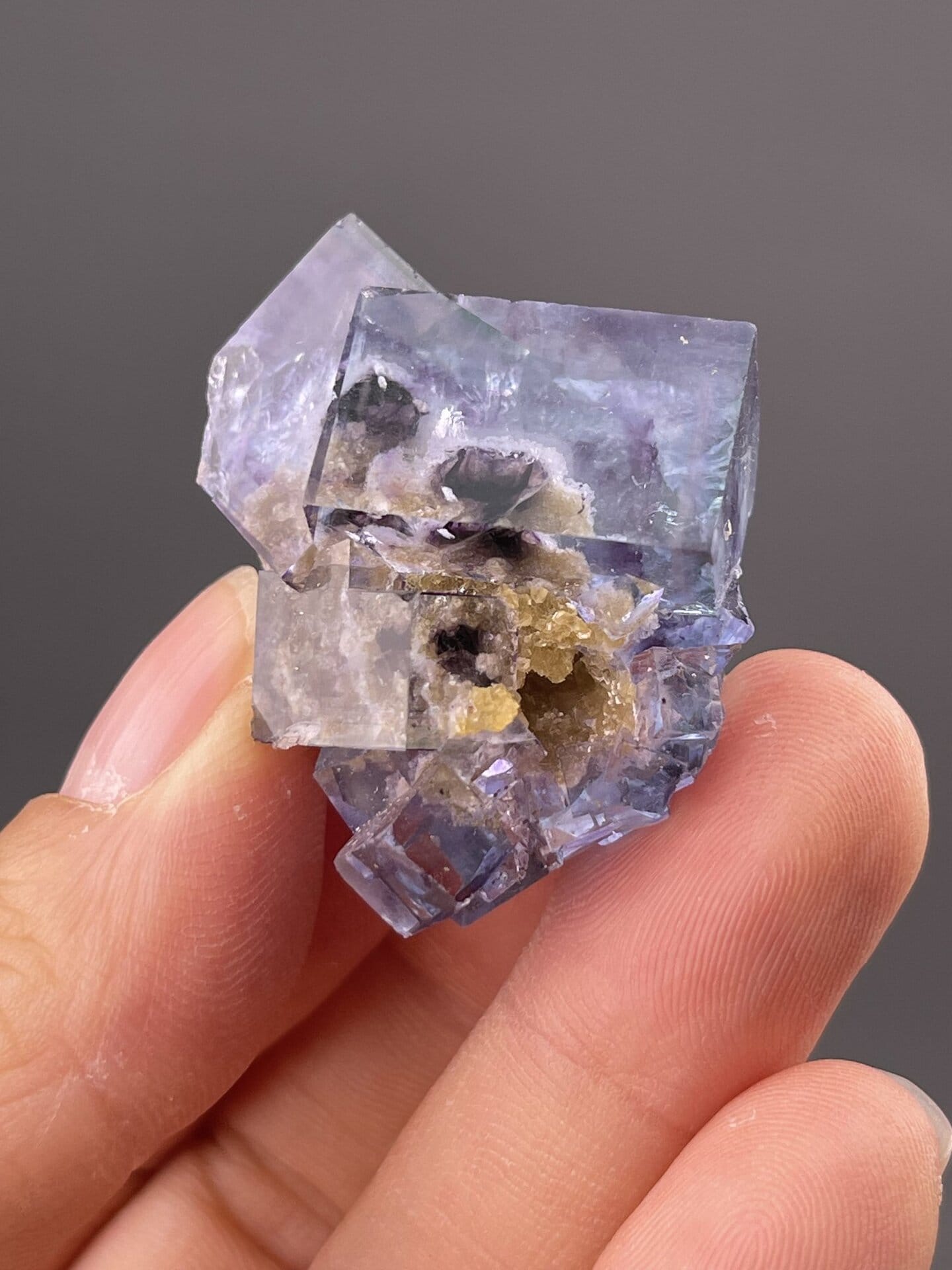 Purple fluorite showing phantom growth zones and colour banding, 1.1 g