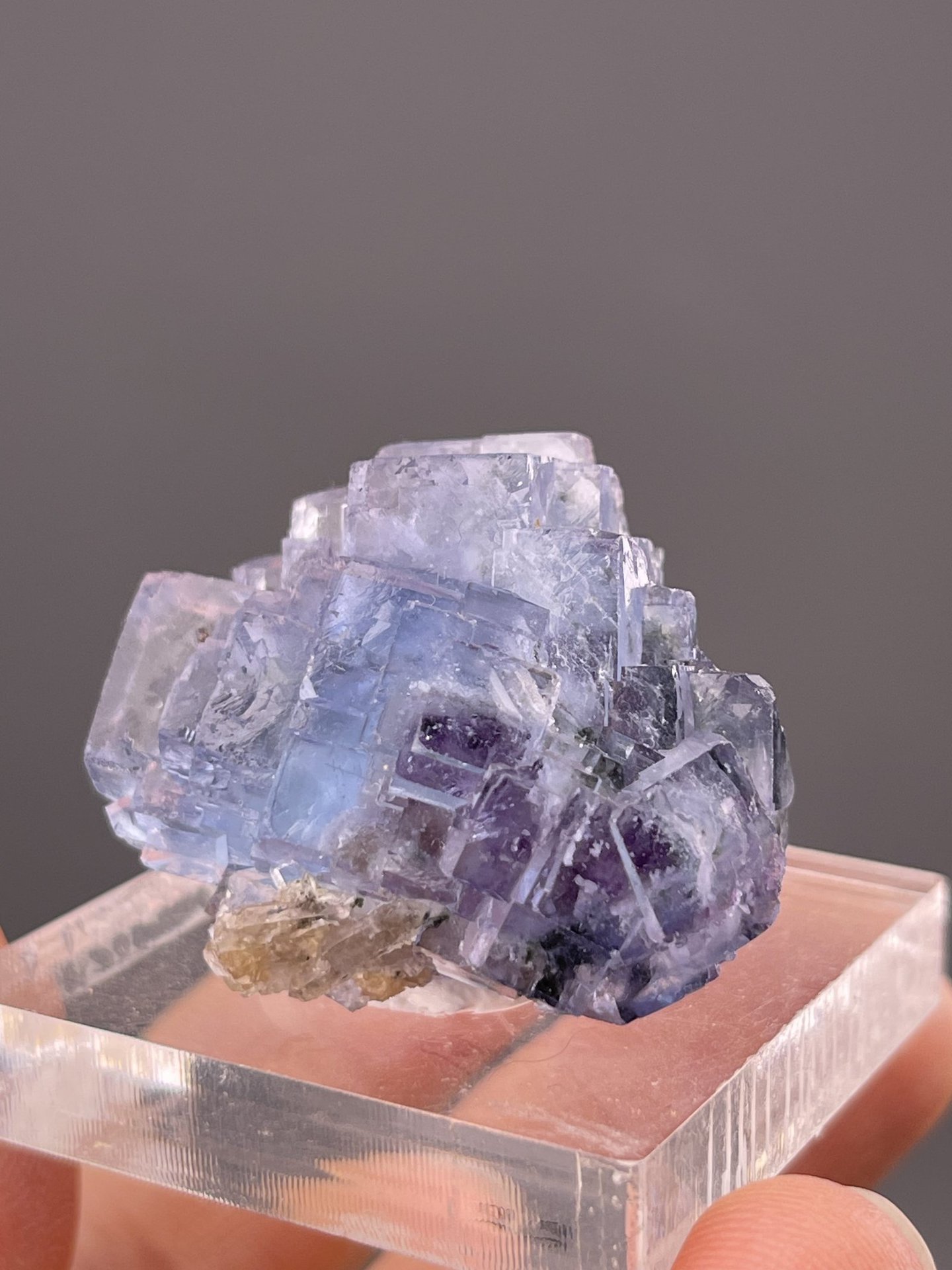 Side view of stepped fluorite showing crystal stacking geometry