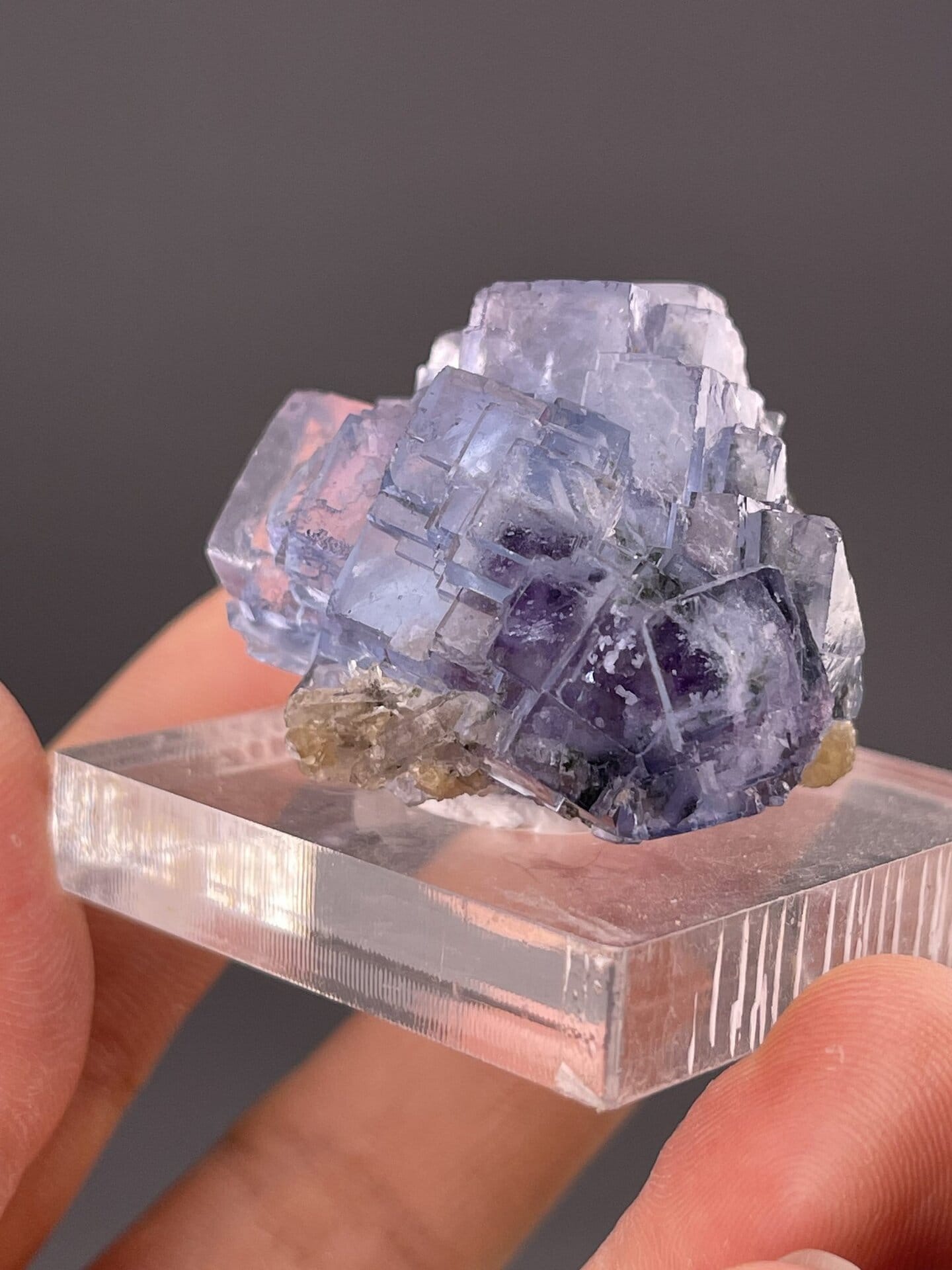 Top view of fluorite crystal showing stepped cubic surface