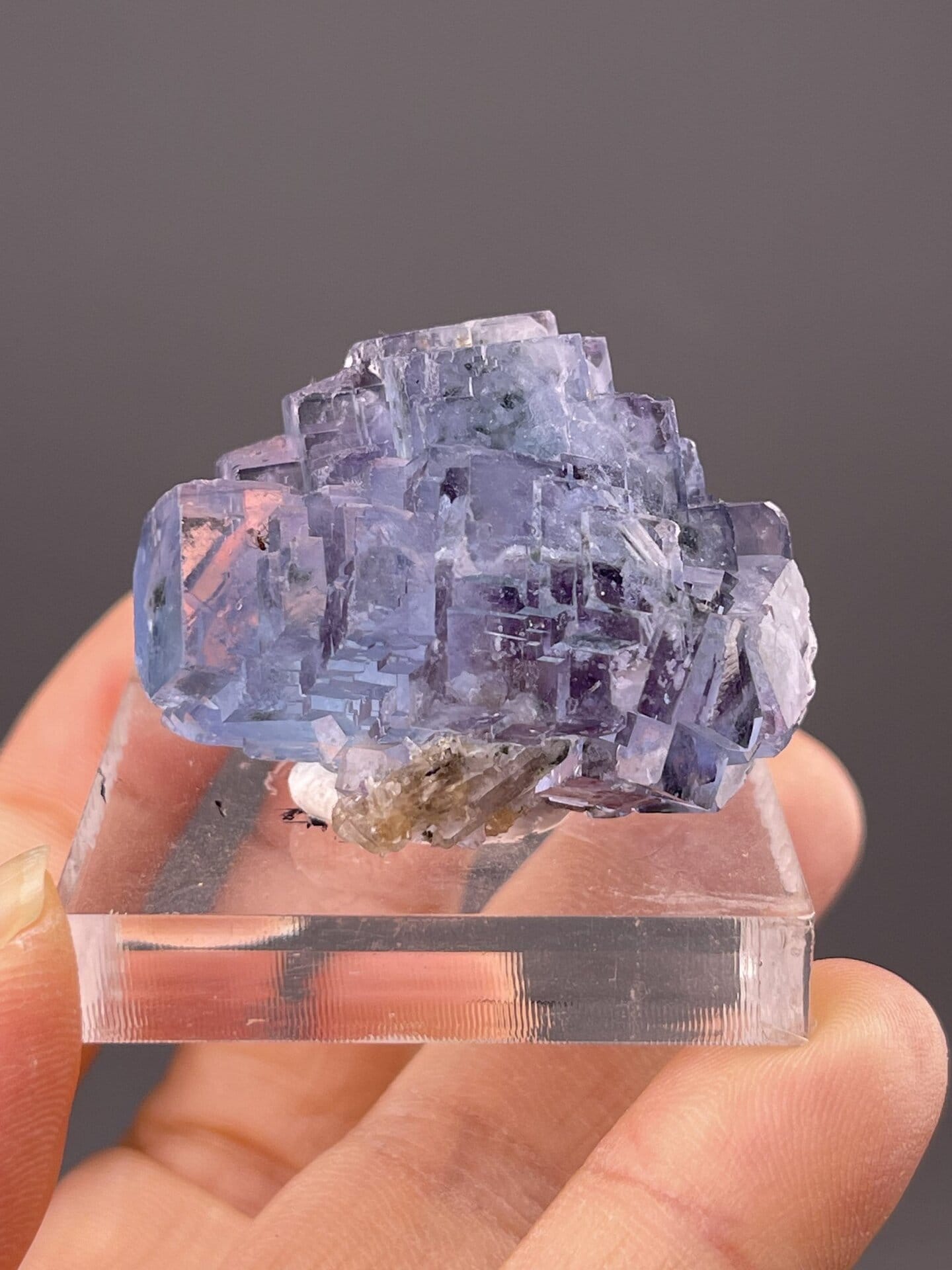 Angled view of Yaogangxian phantom fluorite highlighting stepped form
