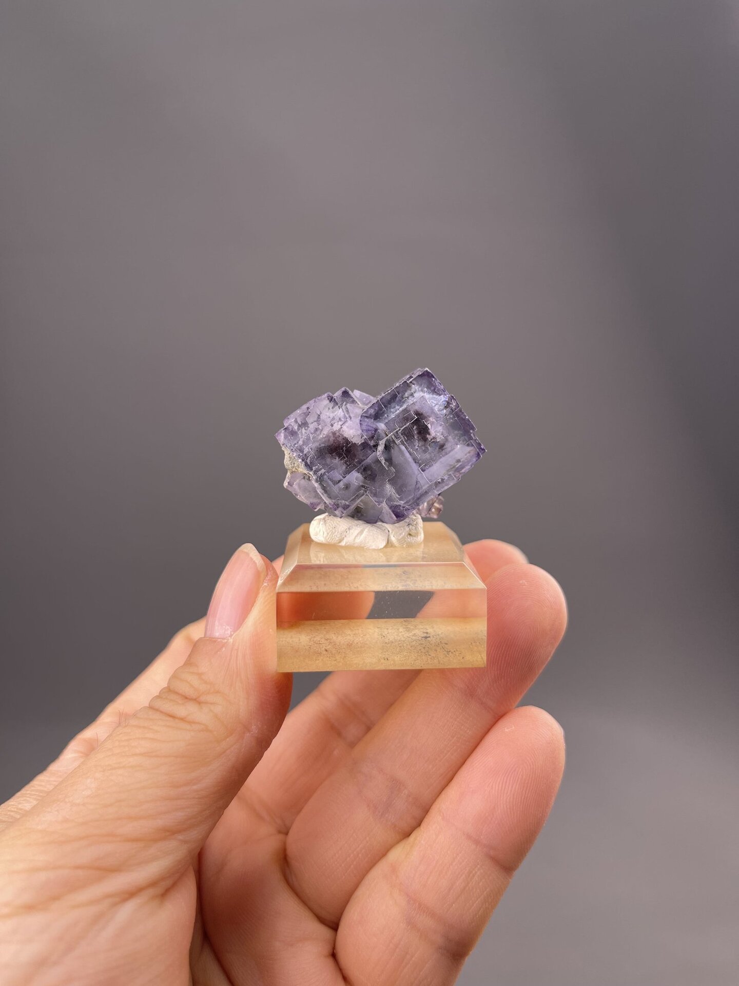 Close-up of twinned fluorite showing phantom growth layers