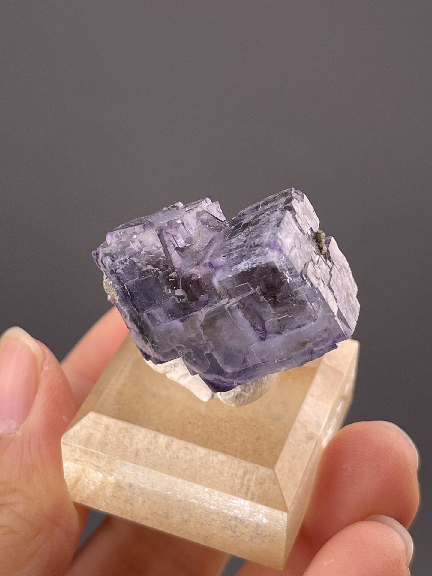 Detail of fluorite faces showing vitreous luster and purple hue