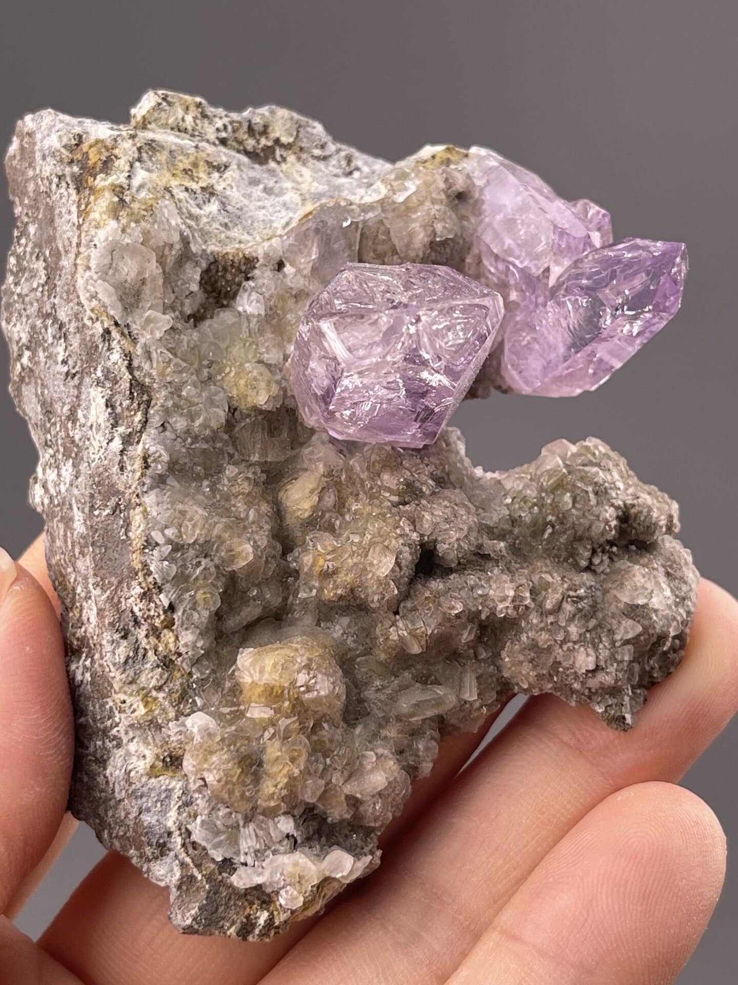 Top view of amethyst specimen showing hexagonal crystal pattern