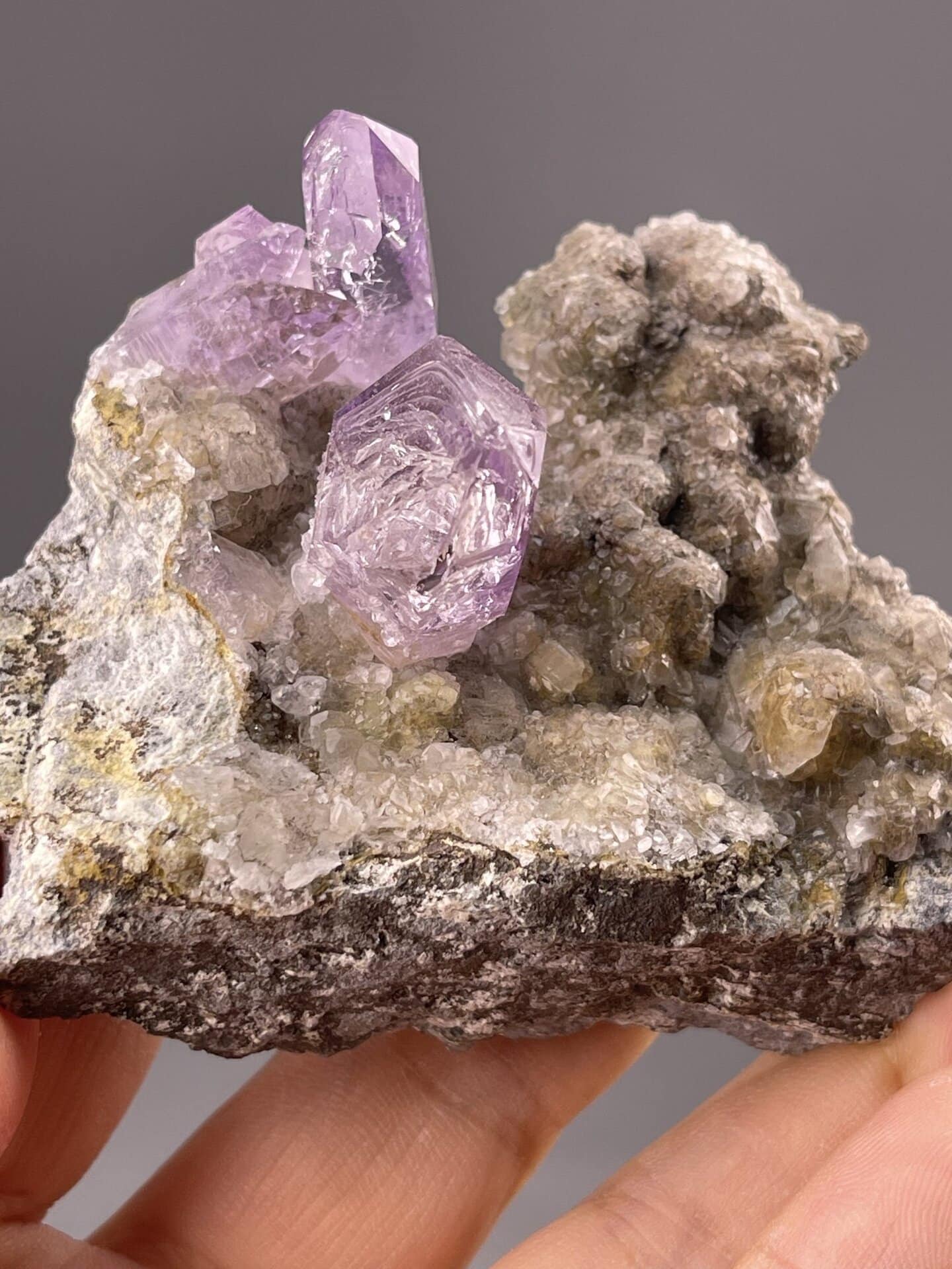 Detail of amethyst crystal tips showing transparent purple hue