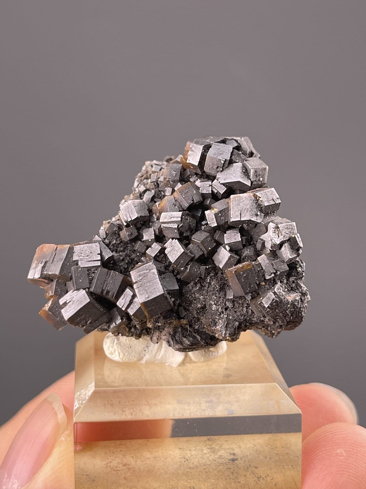 Close-up of vanadinite crystal faces showing deep red colour