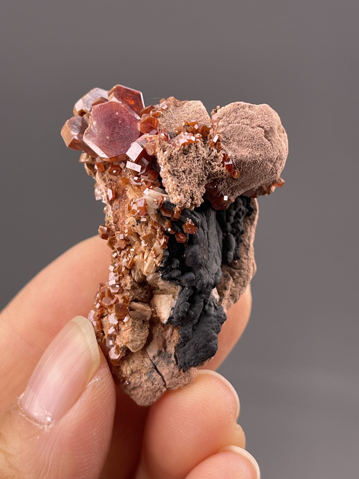 Deep red hexagonal vanadinite crystals, Morocco, 1.1 g