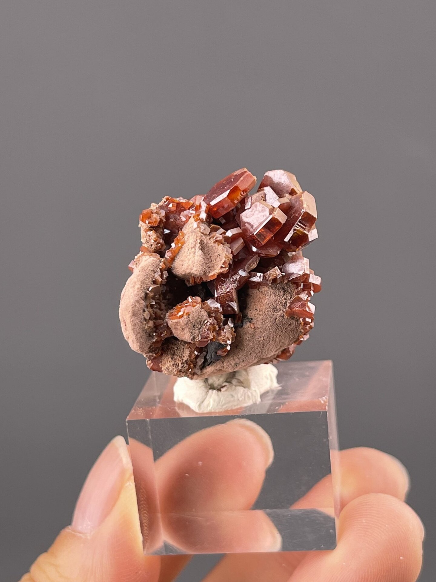 Close-up of vanadinite crystals showing deep red colour
