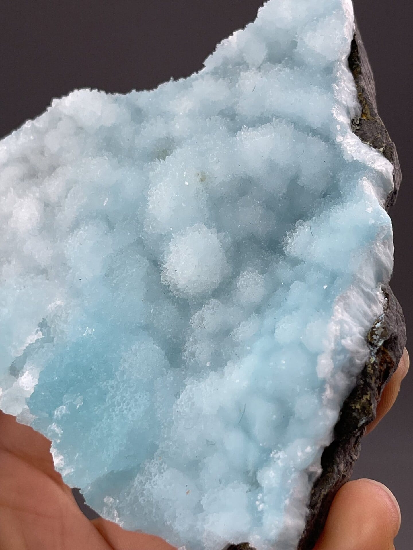 Angled view of Yunnan hemimorphite highlighting sky blue colour