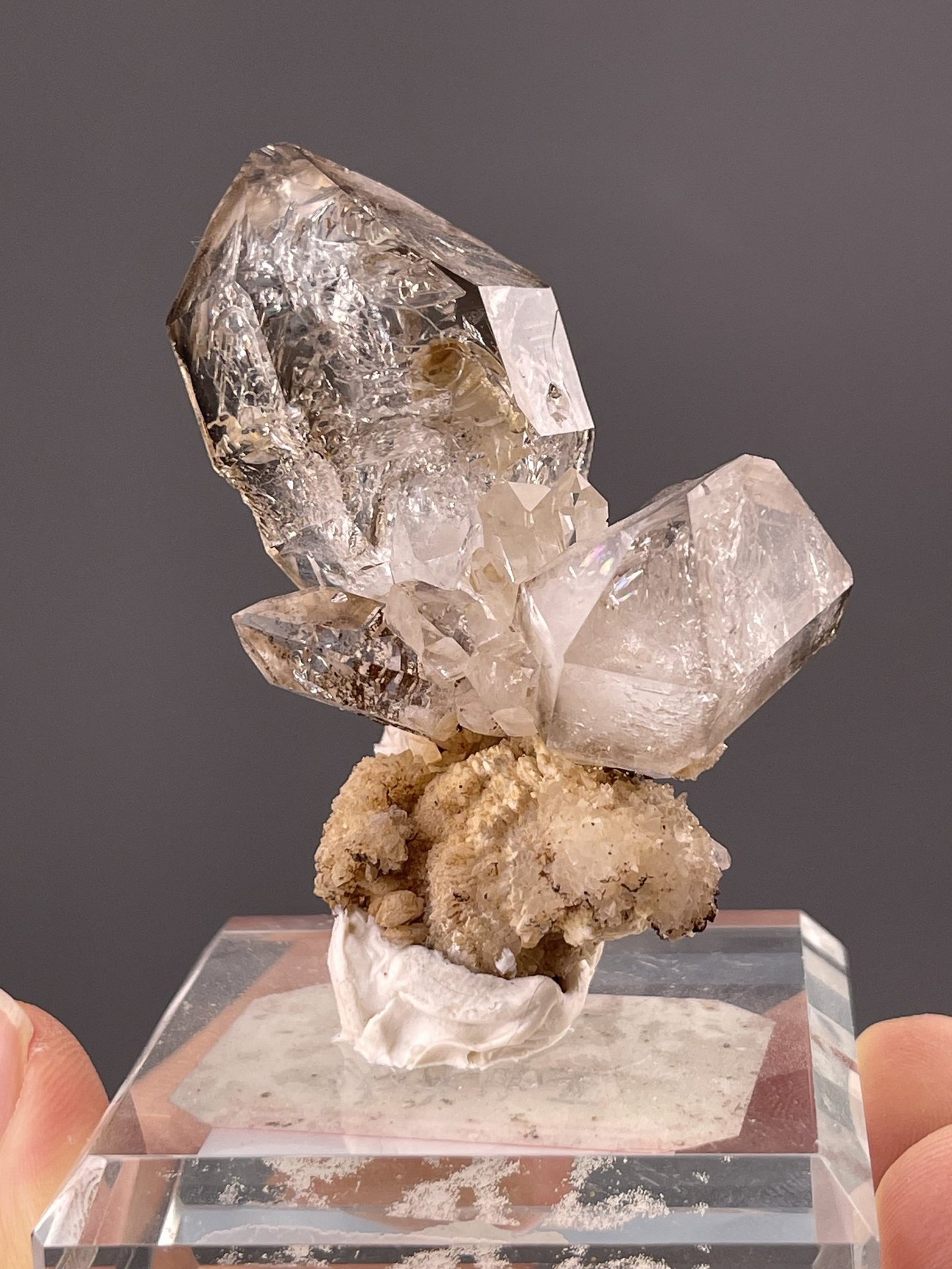 Close-up of quartz crystal points showing smoky translucency