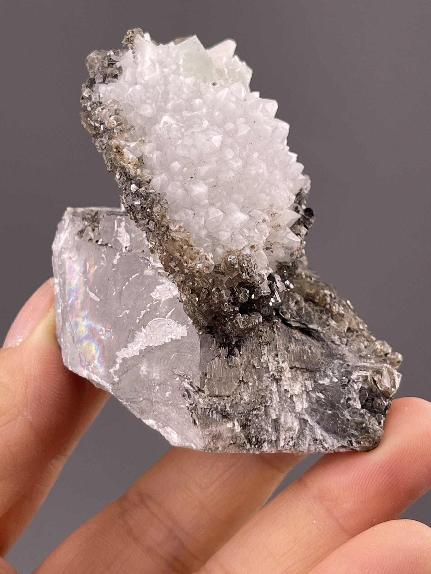 Side view of Fujian calcite showing druzy crystal coating