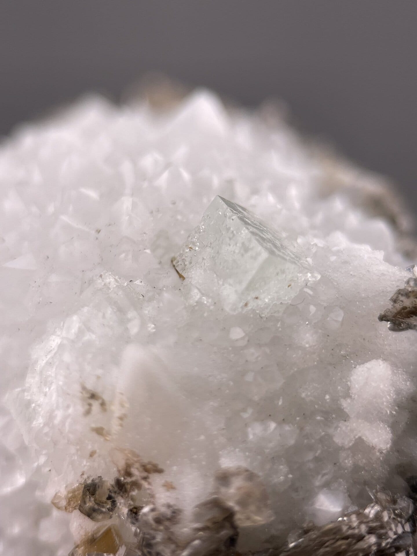 Detail of calcite druzy showing pearly to vitreous luster