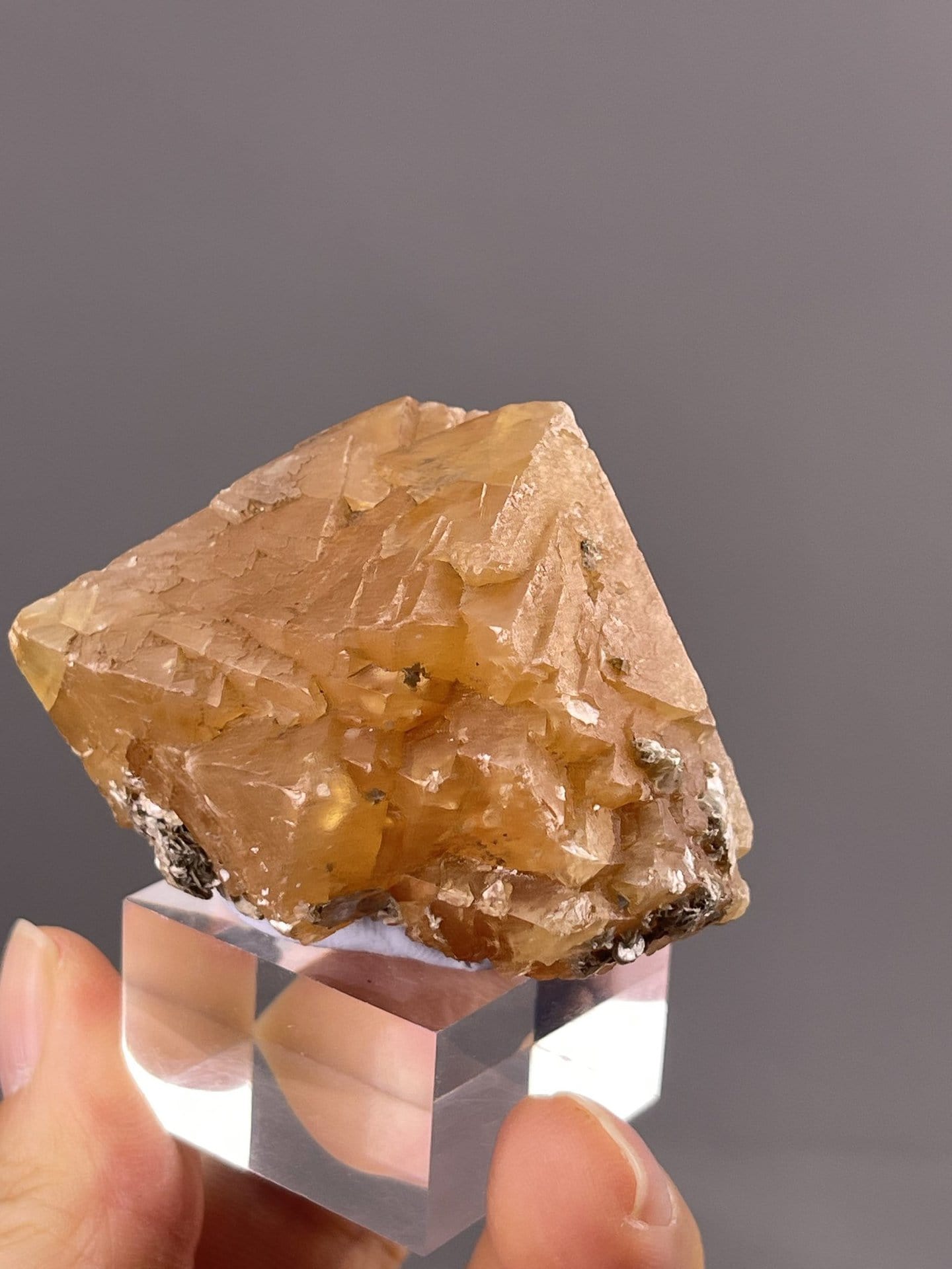 Golden Pyramidal Scheelite Crystal from Xuebaoding Mountain, Sichuan, Chin – angled view showing matrix