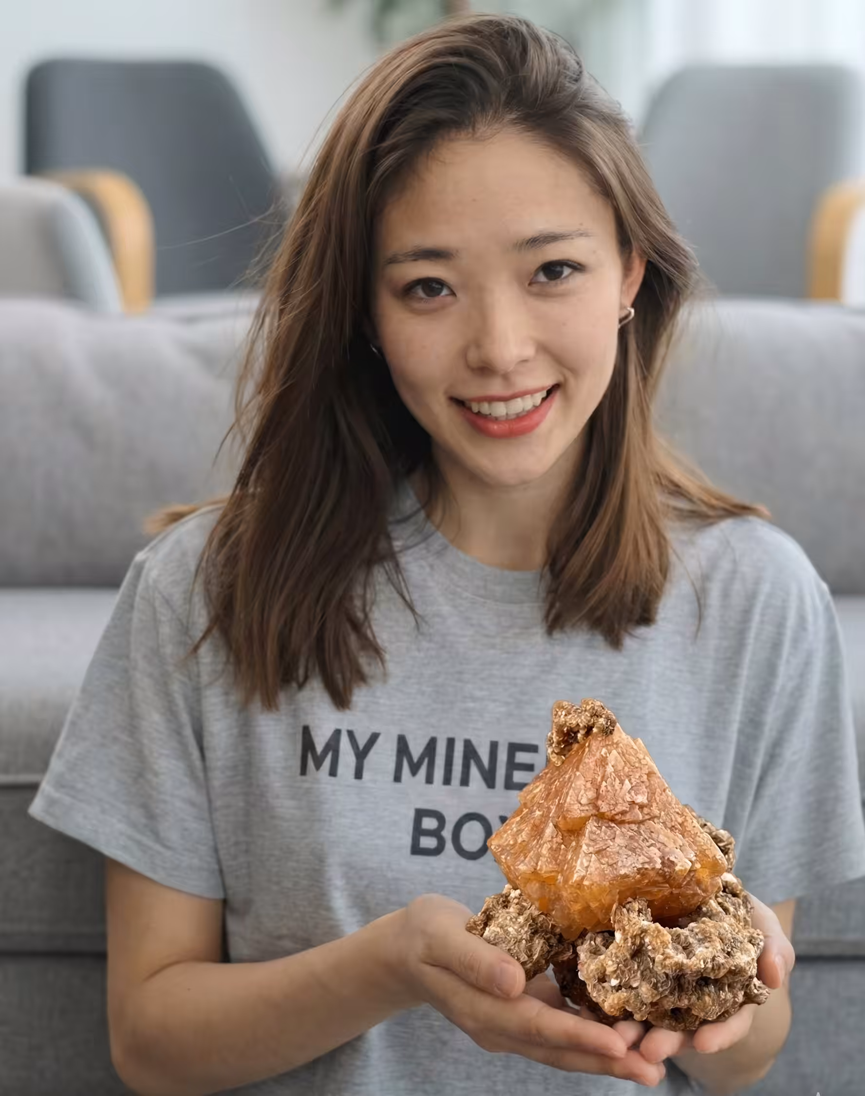 Maggie, founder of My Mineral Box, with mineral specimens