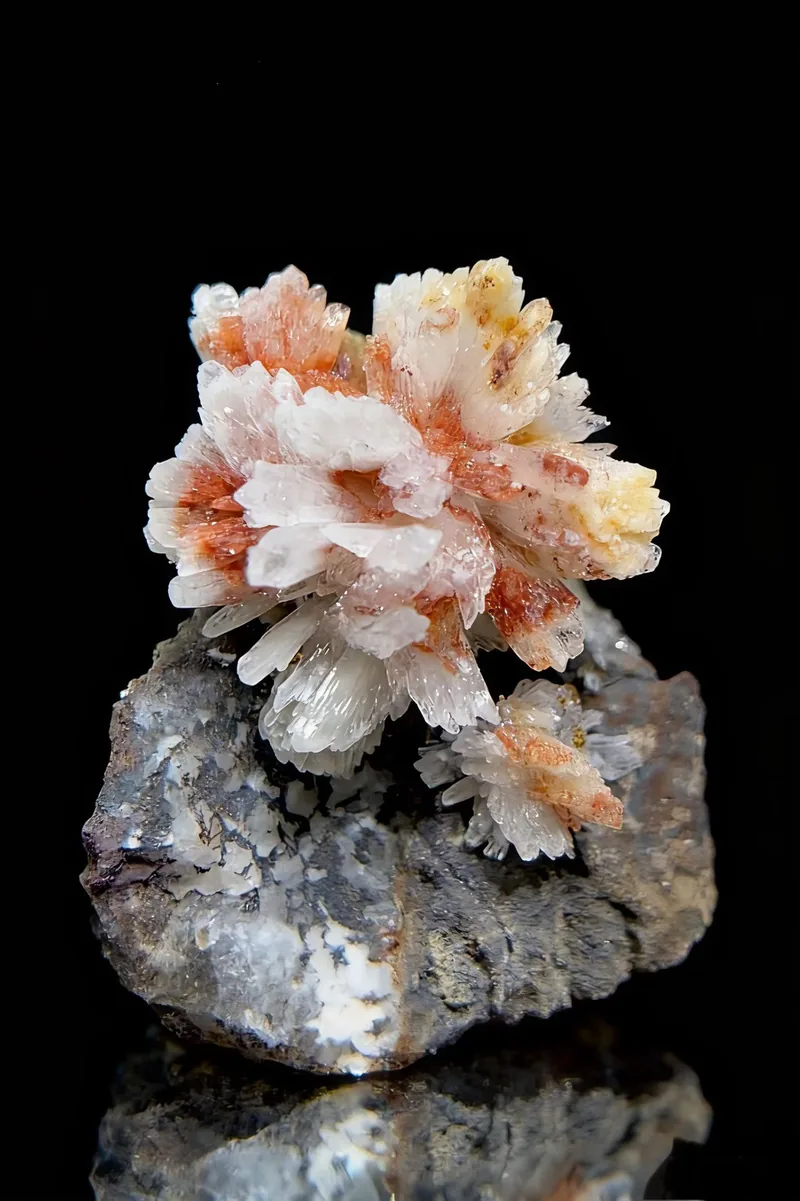 Pink and white needle-cluster crystal specimen on dark matrix
