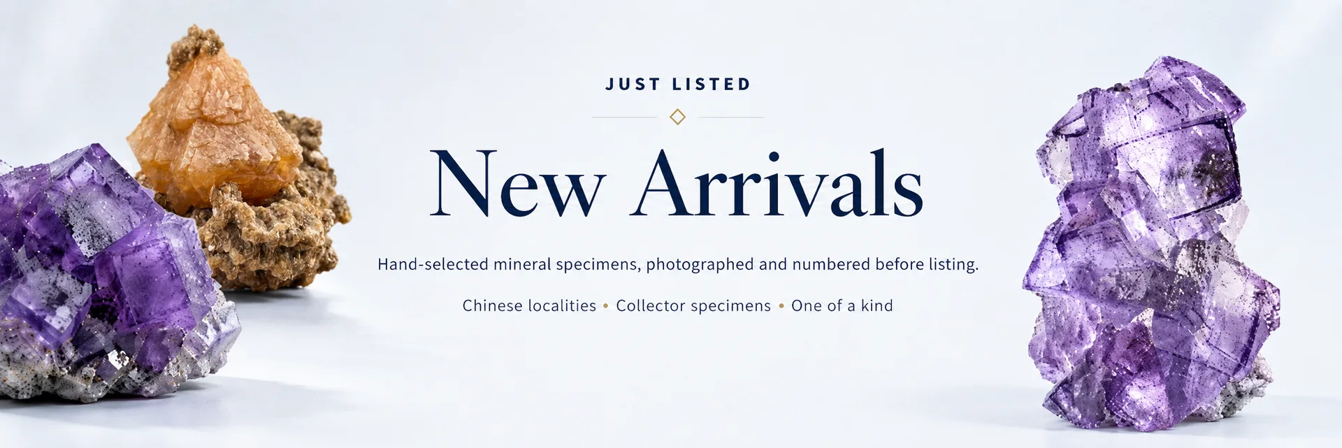 New Arrivals — hand-selected mineral specimens, photographed and numbered before listing
