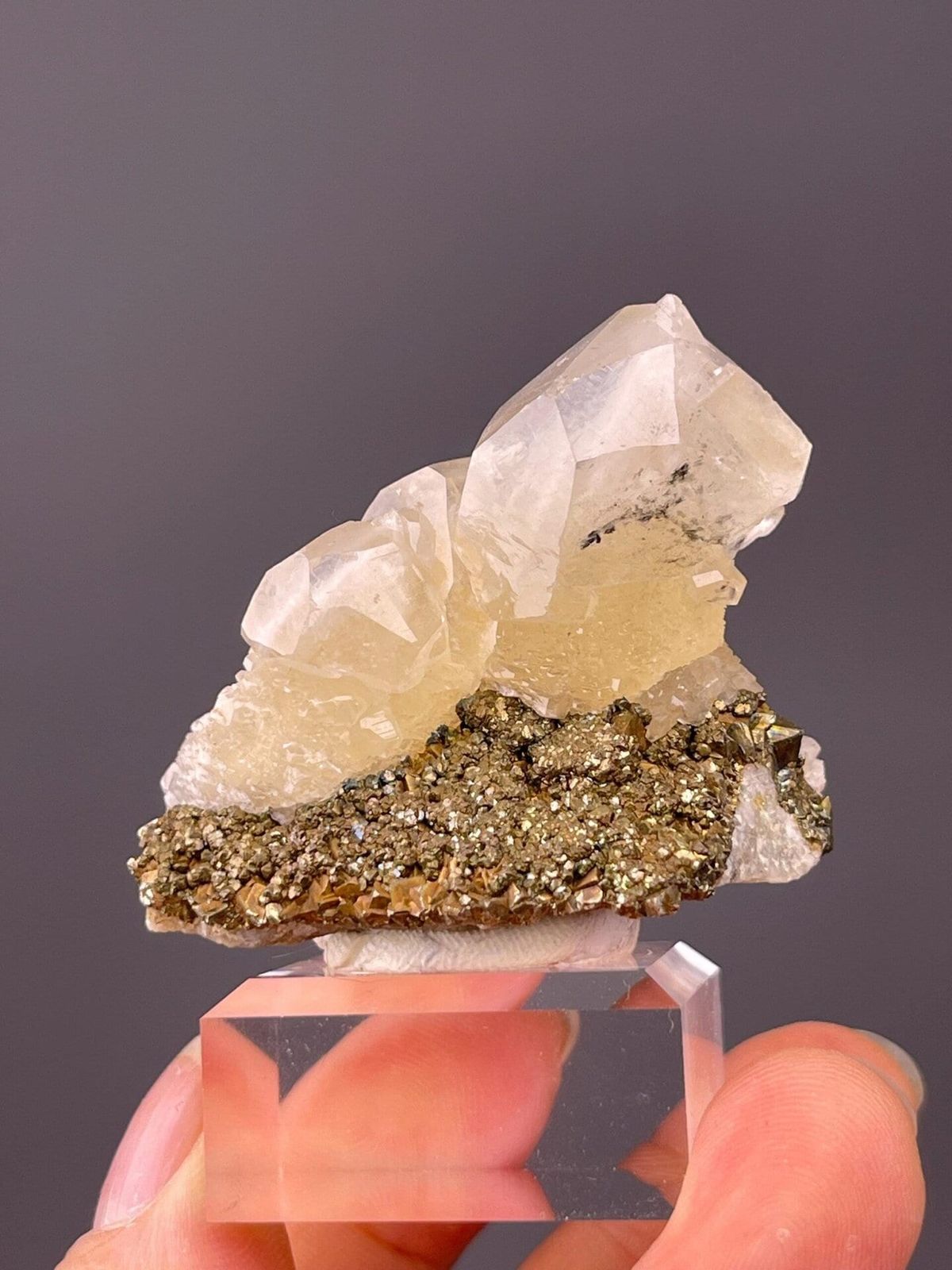 Translucent calcite crystals on pyrite from Chenzhou, Hunan, China