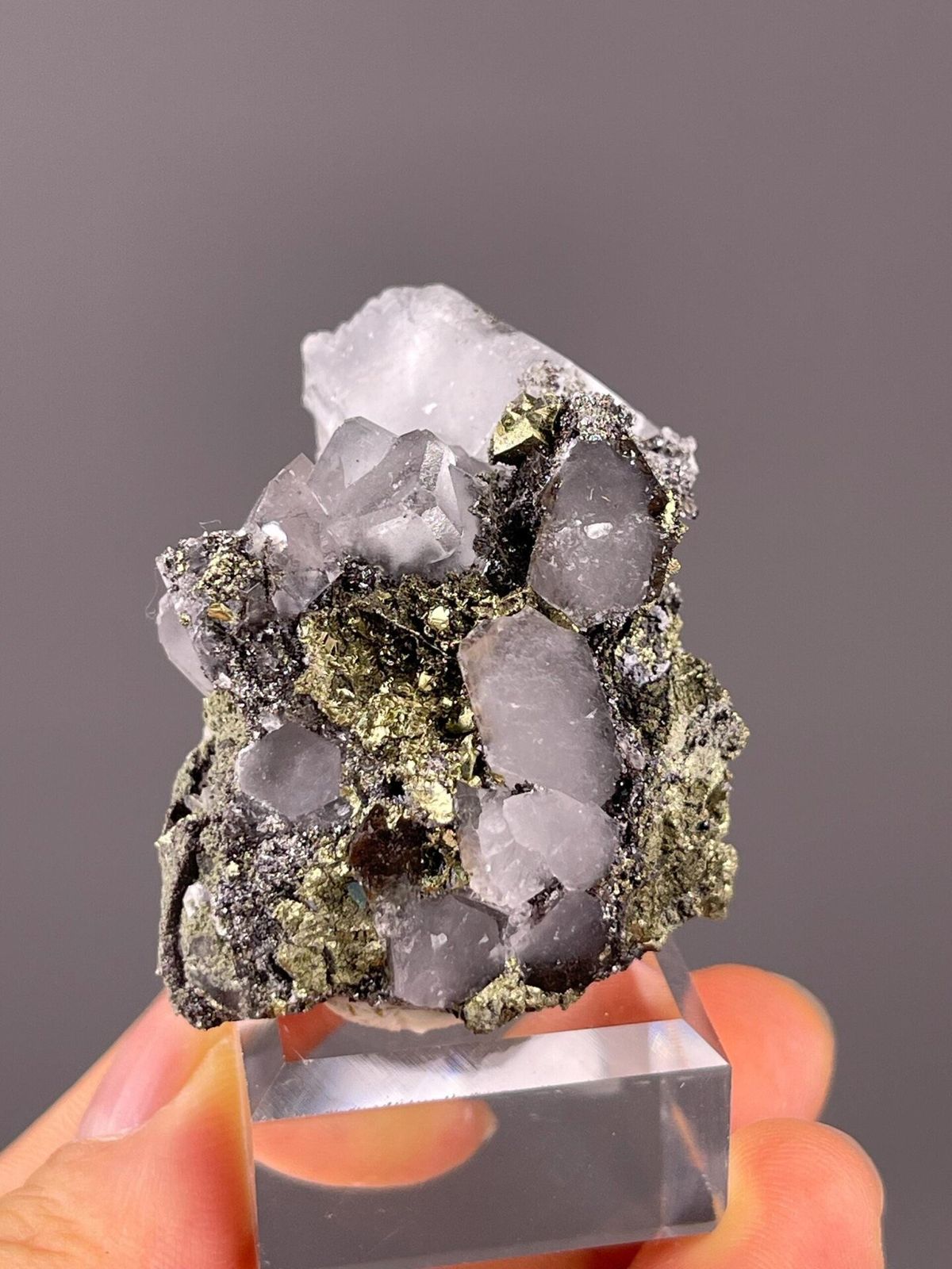 Front view of colorless fluorite with pyrite from Hunan