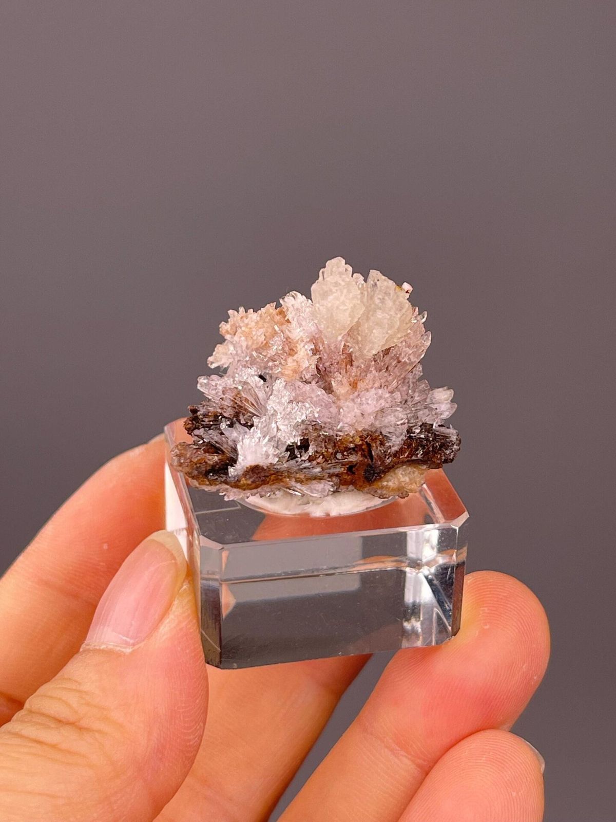 Peach and white selenite rosette with radiating needle crystals from Guizhou, China