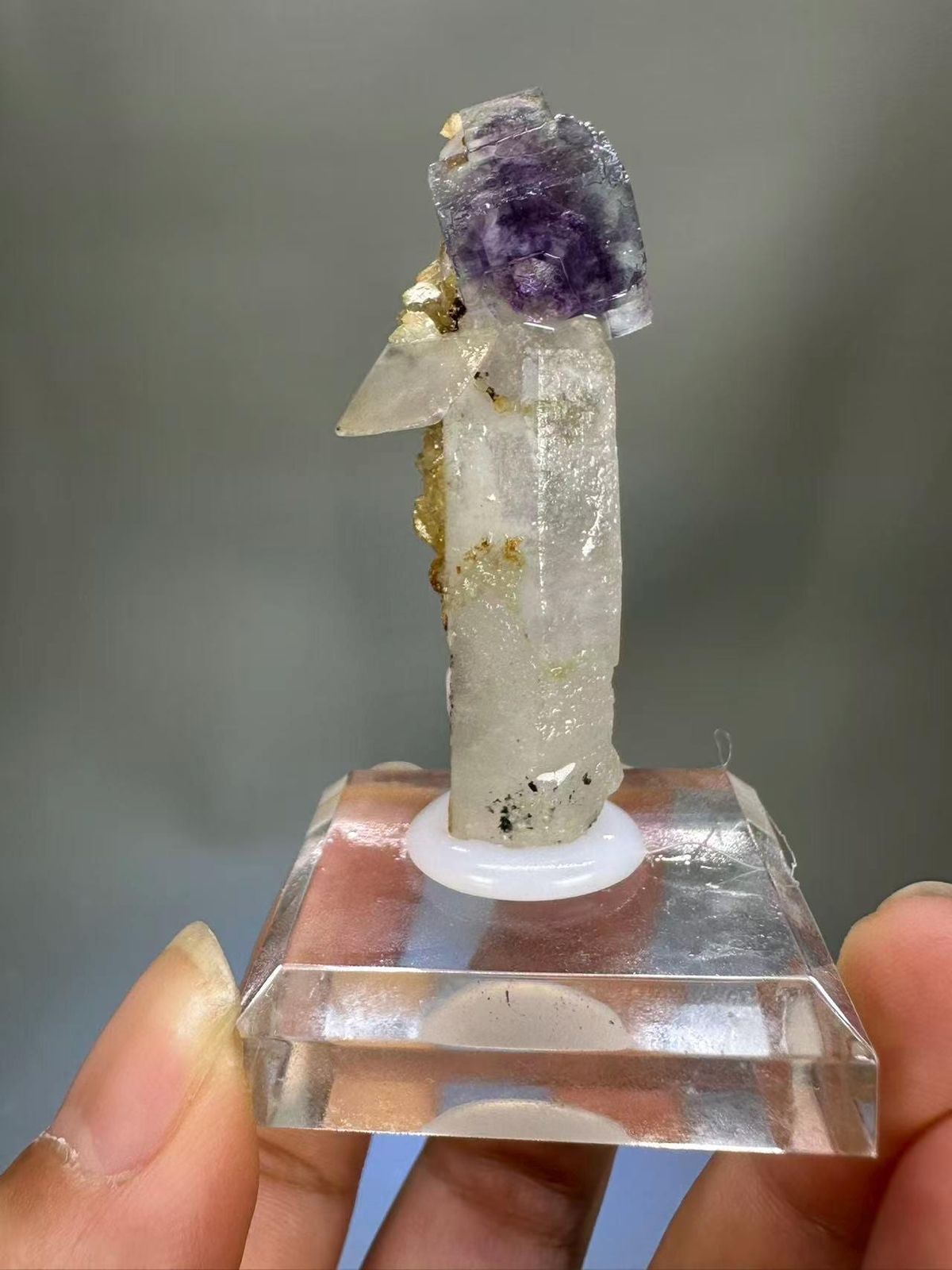Quartz Fluorite Calcite Combination Yaogangxian Hunan - Purple Fluorite on Clear Quartz Column Thumbnail Specimen - SKU H1027