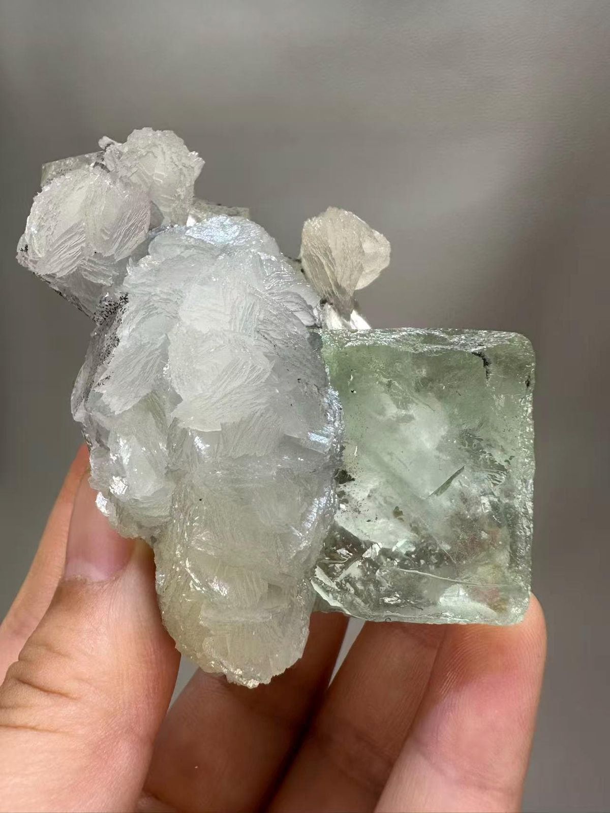 Fluorite Calcite Combination from Chenzhou Hunan China - Clear Green Cube with White Calcite Single Specimen - SKU H1037