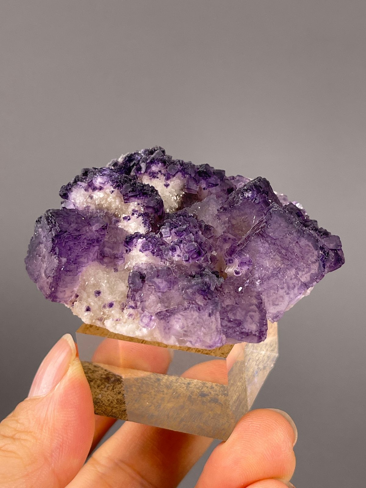 Calcite from Guizhou, China: broad purple faces interrupted by irregular white patches.