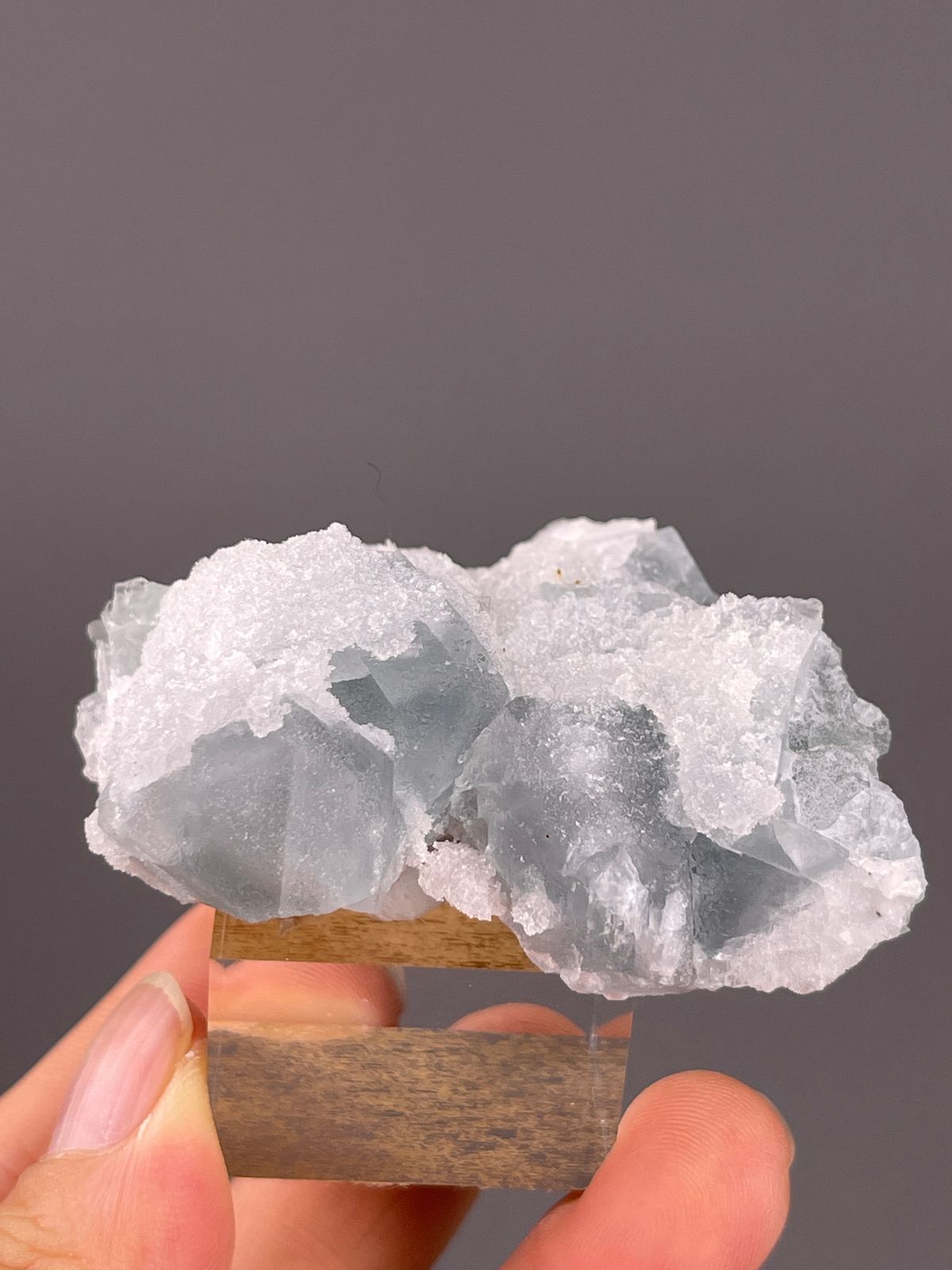 Fluorite from Fujian, China: blue-gray faces beneath fine white quartz.