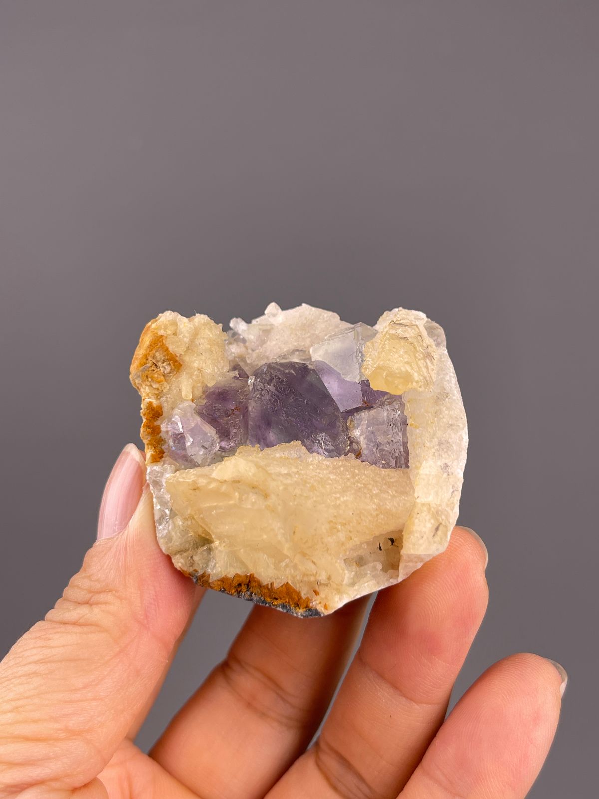 Fluorite from Fujian, China: purple crystals inside a cream-colored recess.