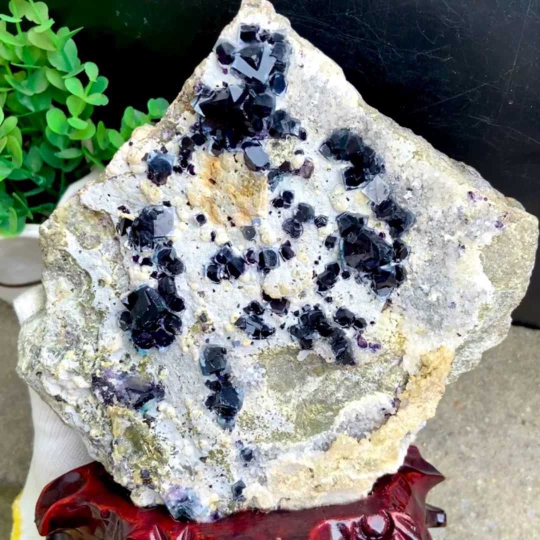 Plate of purple-cored window fluorite on stand from Inner Mongolia, China