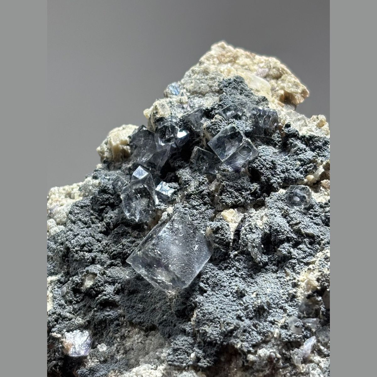 Fluorite cubes with purple cores and blue frames on matrix from Yaogangxian — complete view