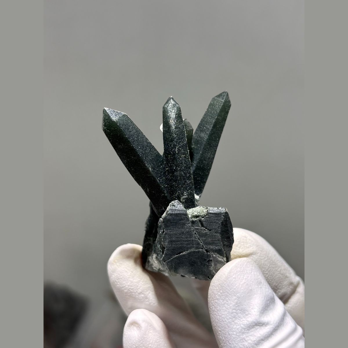 Spray of dark green included quartz crystals from Inner Mongolia — complete view