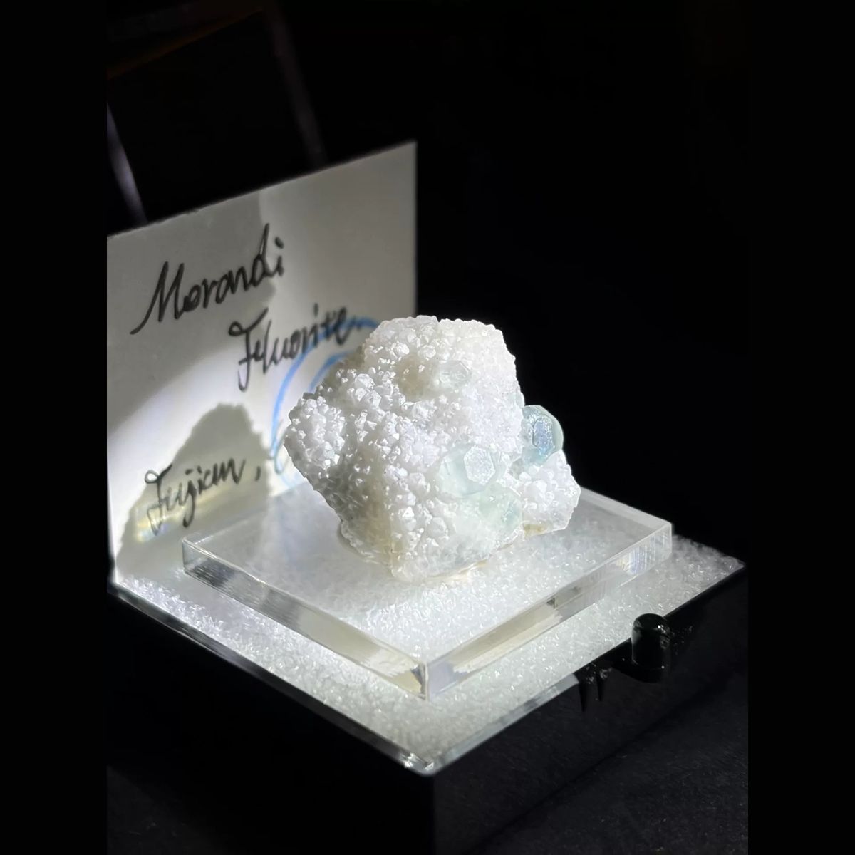 Old-stock Morandi fluorite with needle quartz — complete view