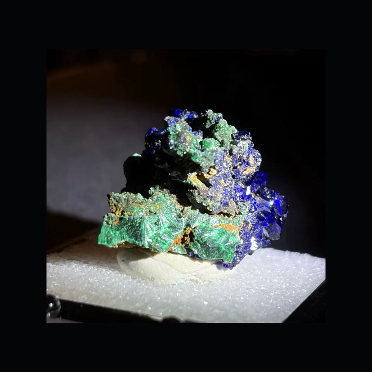 Clean whole view of blue azurite with green malachite from Liufengshan