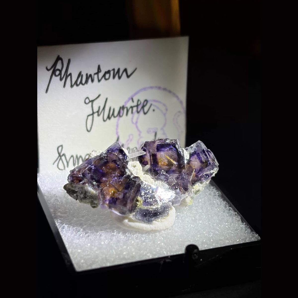 Square purple-core phantom fluorite from Yindu — complete view