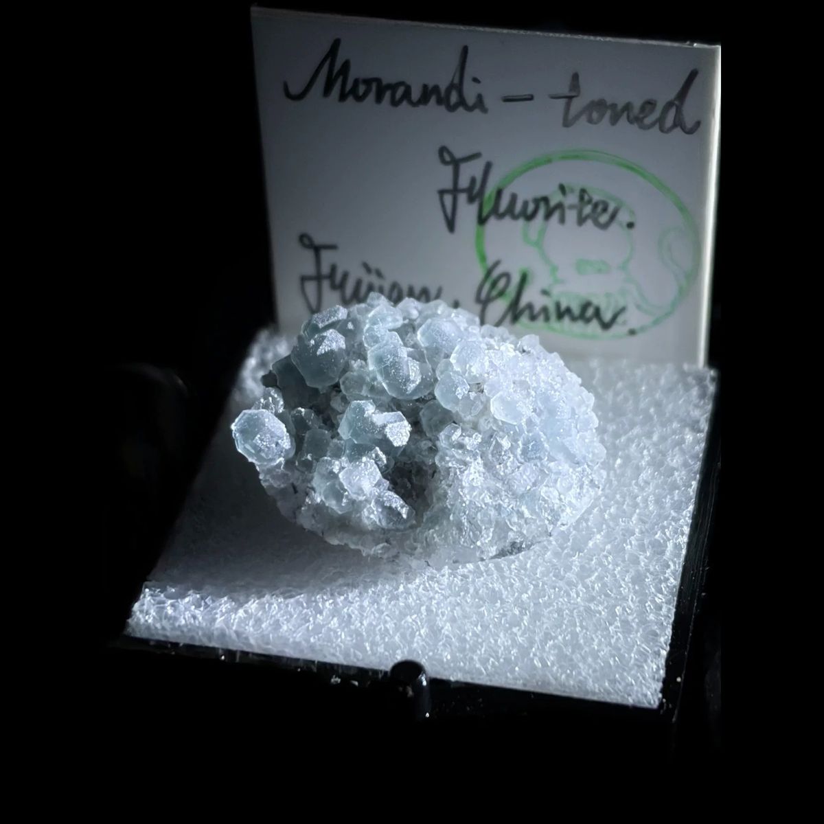 Morandi green fluorite cluster from Fujian — complete view