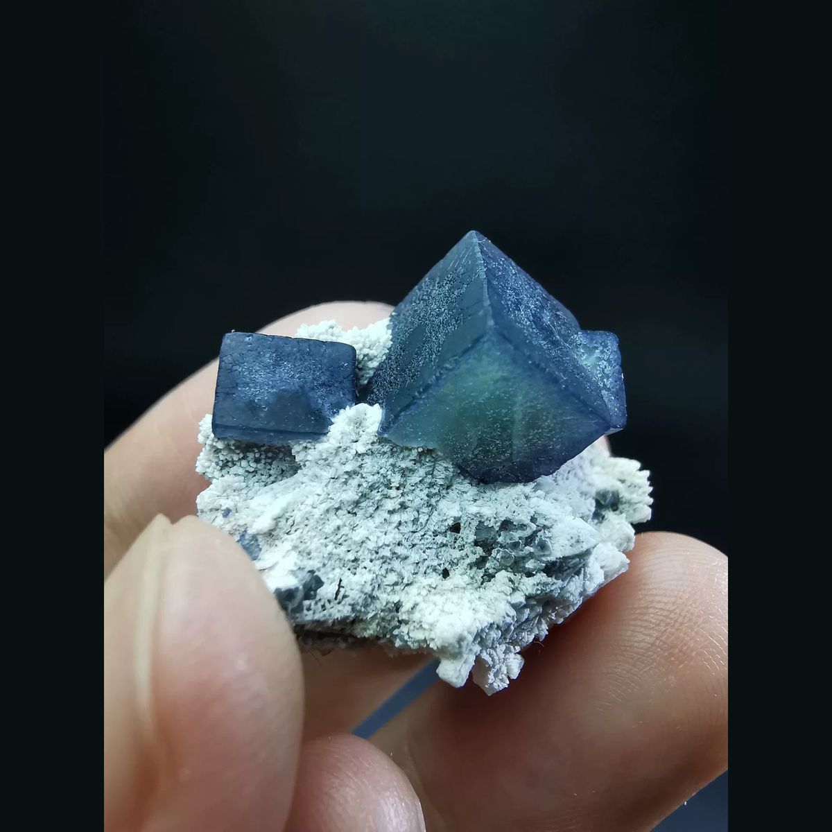 Deep blue-grey Morandi fluorite — complete view