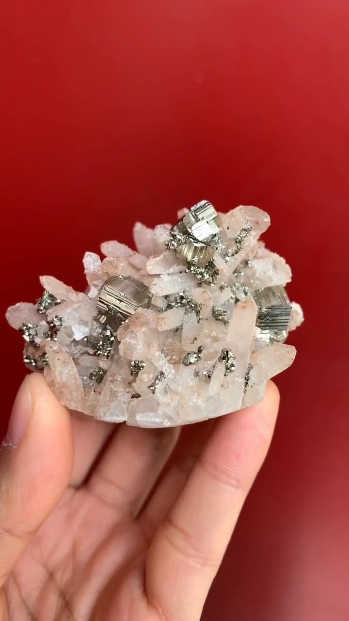 Whole front of the Hubei pyrite and quartz cluster, showing cubic metallic crystals among pale quartz points