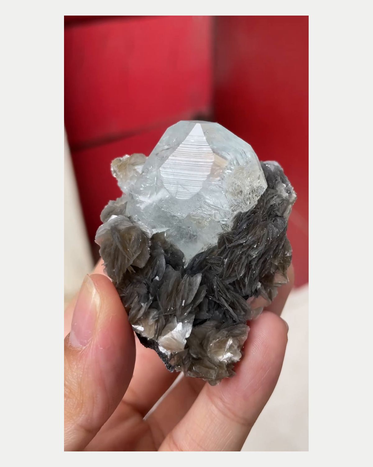 Complete front view of aquamarine crystal with mica