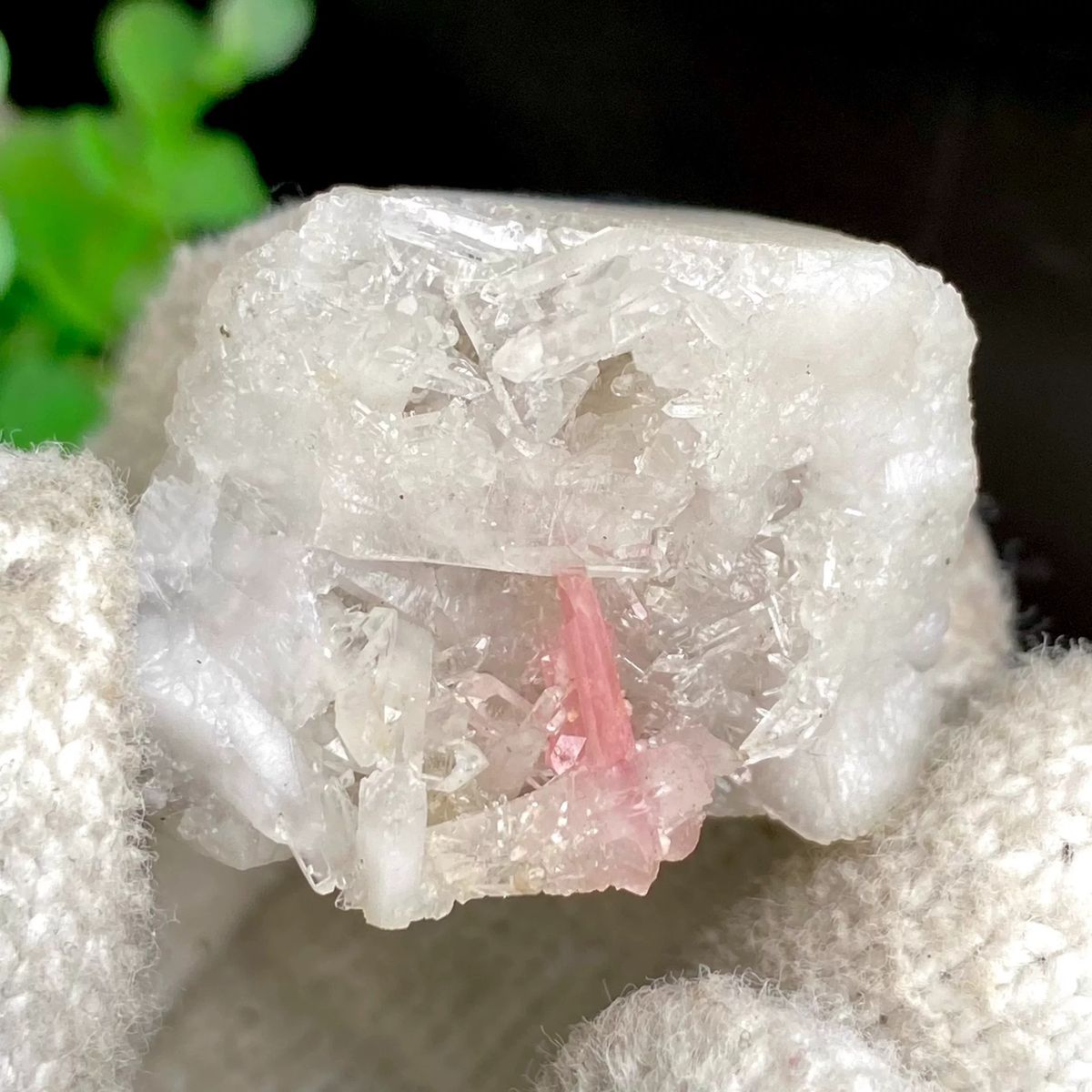 Pink platy rhodochrosite in white quartz — complete view