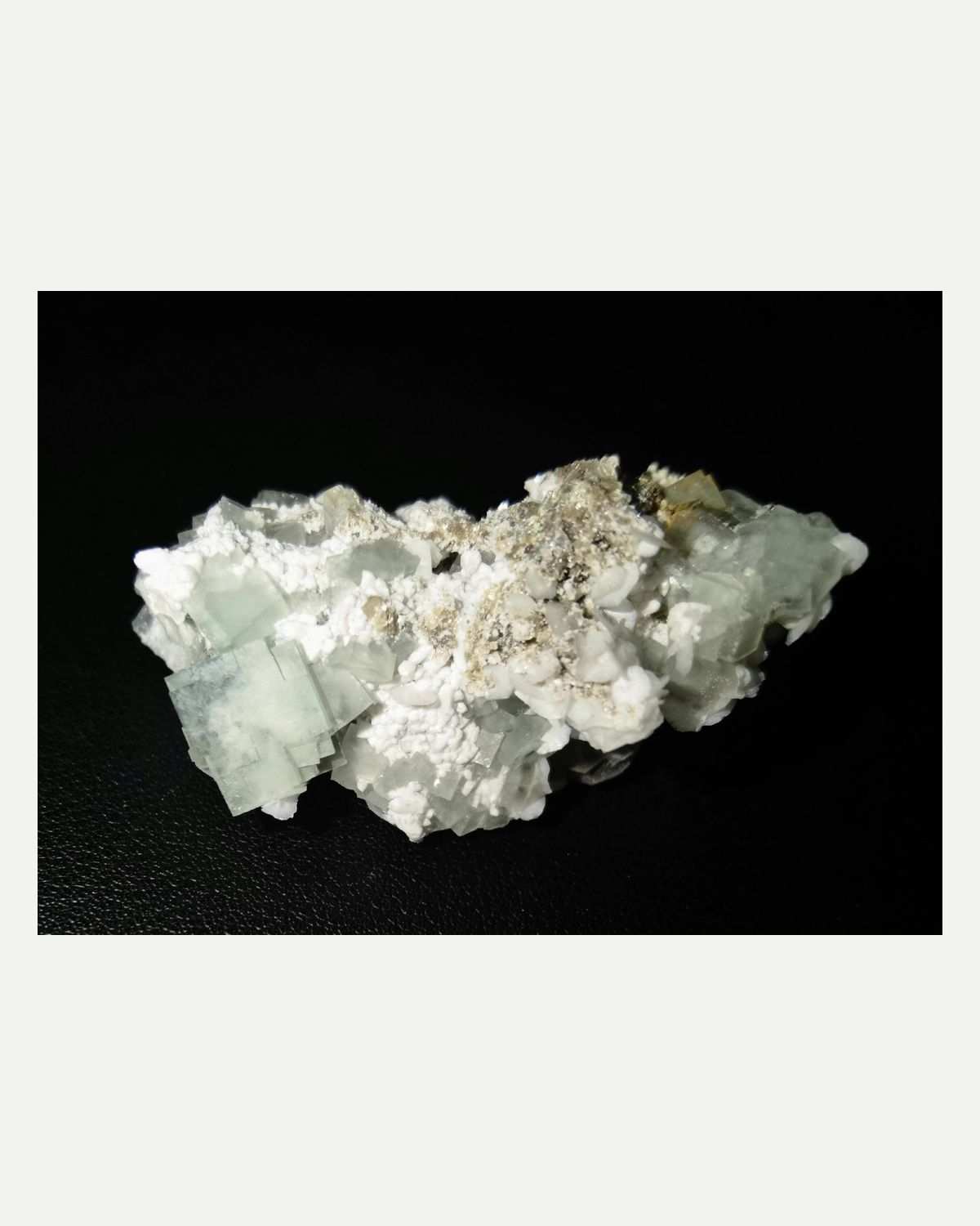Complete front broad face of the exact fluorite, calcite and arsenopyrite specimen