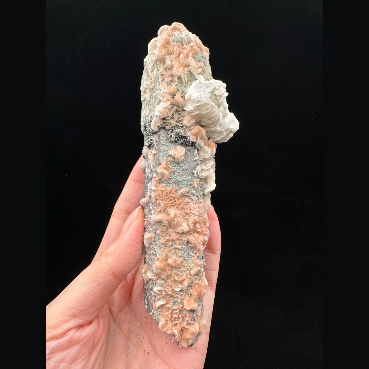 Quartz with pink petal calcite and specular hematite from Inner Mongolia — complete view