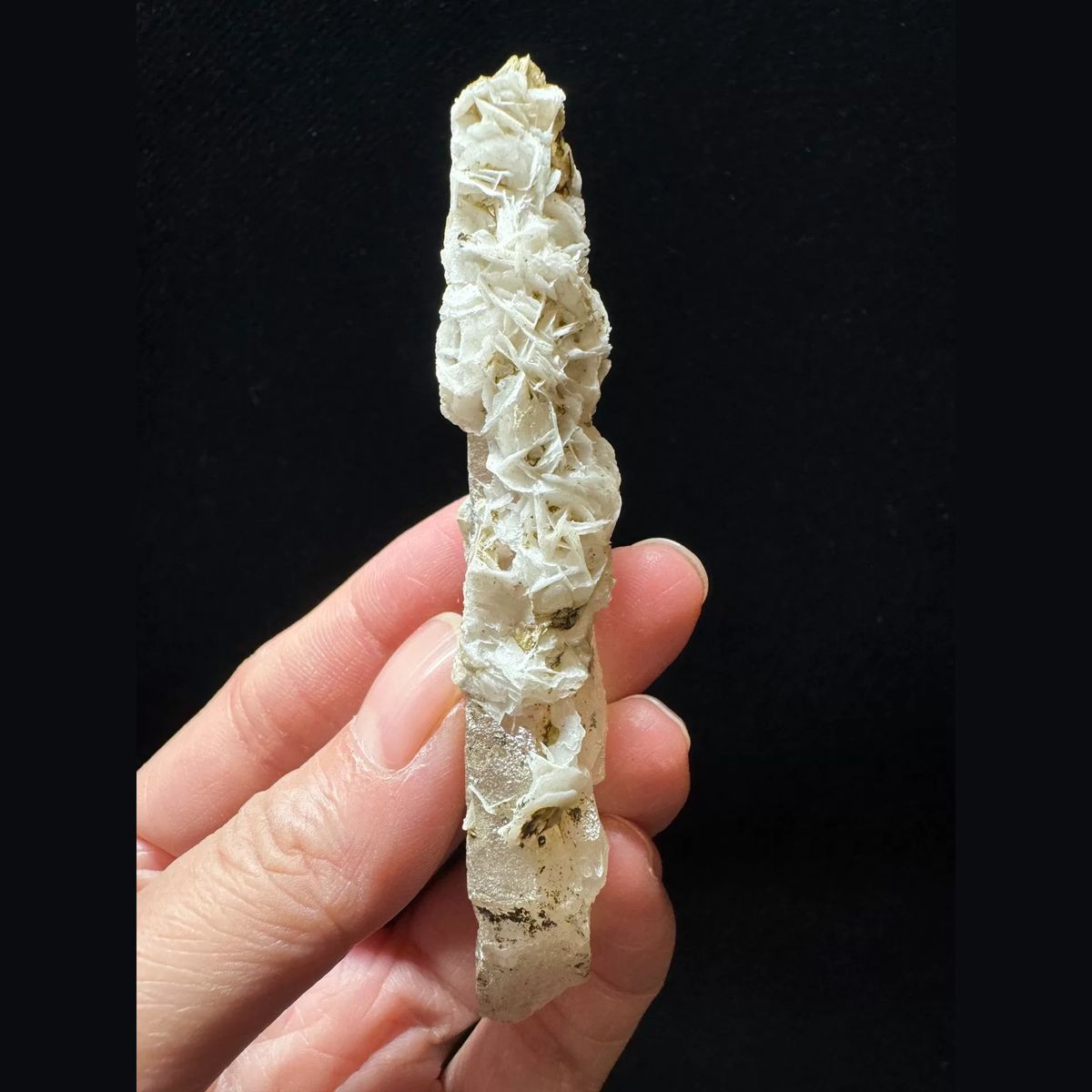 Slender quartz floater with white petal calcite from Inner Mongolia — complete view