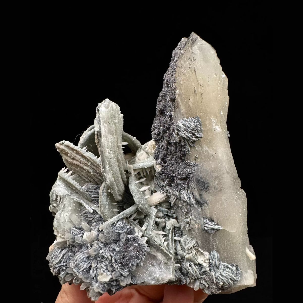 Quartz with green calcite, dogtooth calcite and specular hematite from Inner Mongolia — complete view