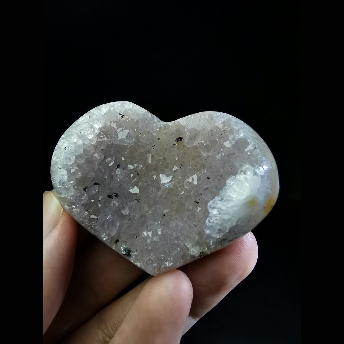 Polished pink-purple quartz heart with black tourmaline — complete view