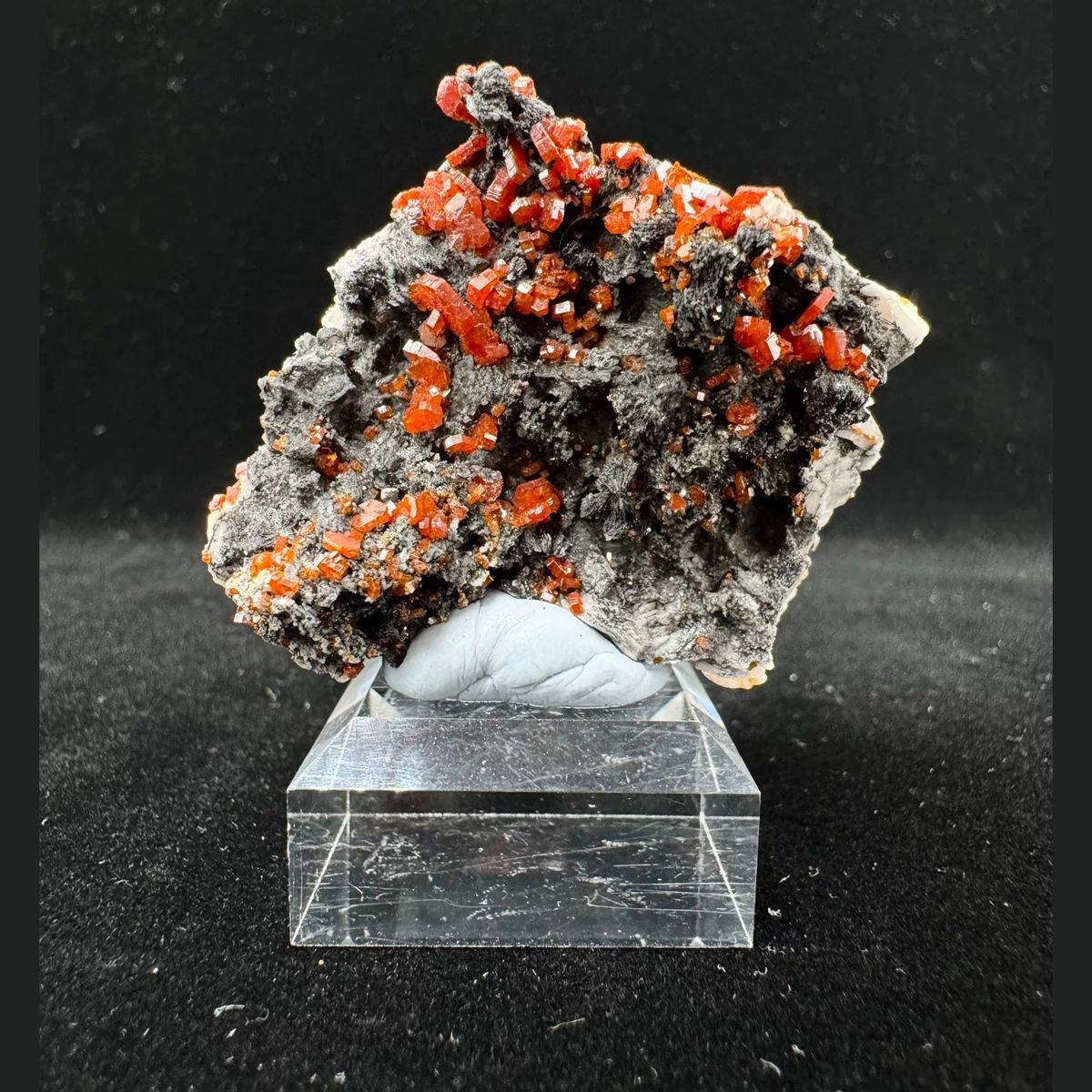 Orange-Red Vanadinite on Dark Matrix Morocco 5.0 cm — complete view