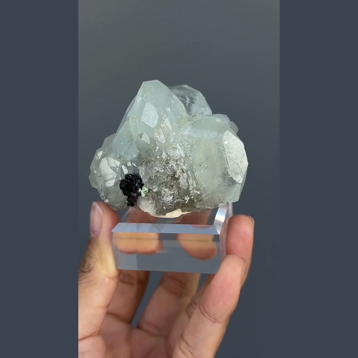 Pale green-blue aquamarine with black cassiterite from Xuebaoding, Sichuan — complete view
