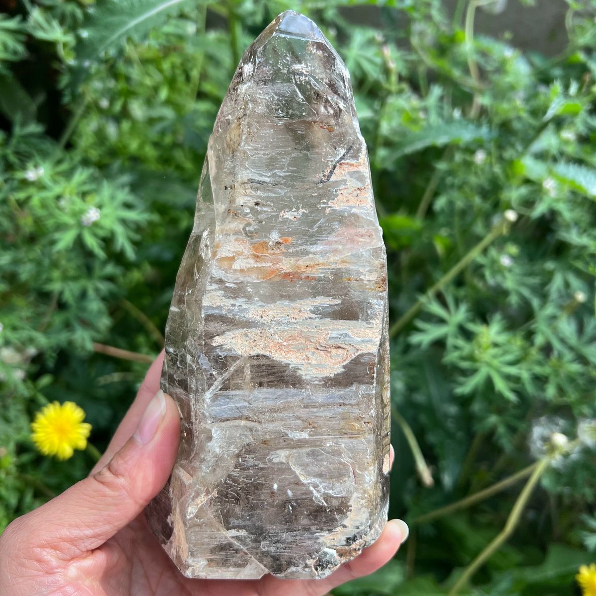Freeform clear quartz point with peach patches held in hand by flowers