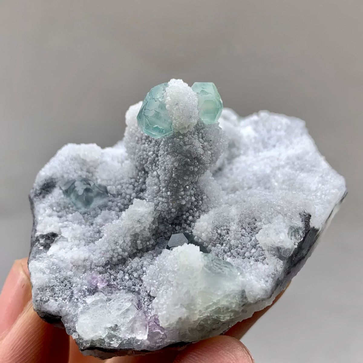 Blue-green fluorite cubes on frosted lavender and white mound from Fujian, China, held in hand