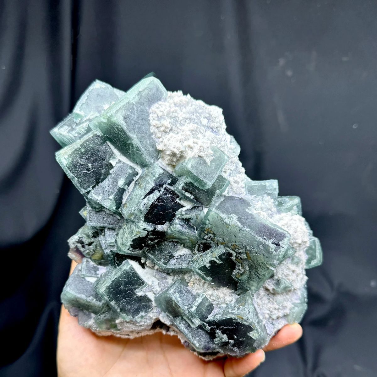 Large slate-green frosted fluorite cubes with white druse from Inner Mongolia, China